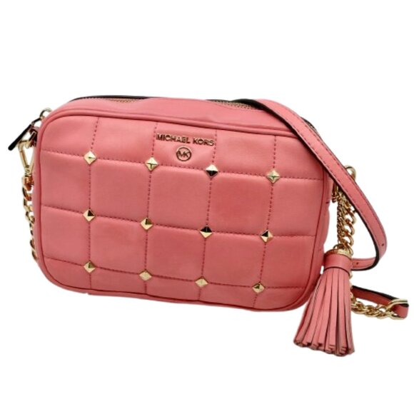 MICHAEL KORS~Jet Set Studded Quilted Lamb Leather Camera Bag~PINK CROSSBODY /TAG - Picture 1 of 8